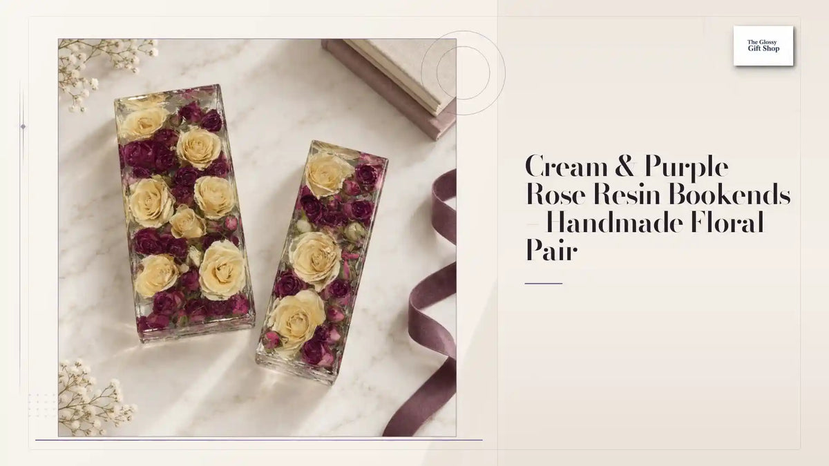 Cream &amp; Purple Rose Resin Bookends &ndash; Handmade Floral Pair by@Outfy