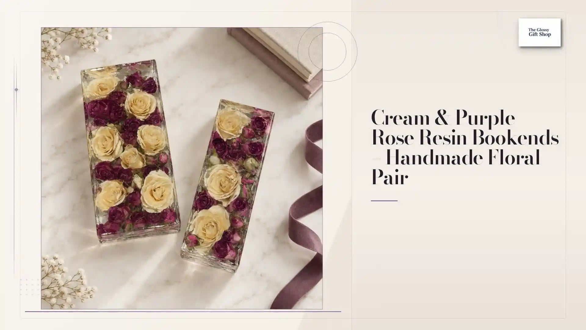 Cream & Purple Rose Resin Bookends &ndash; Handmade Floral Pair by@Outfy