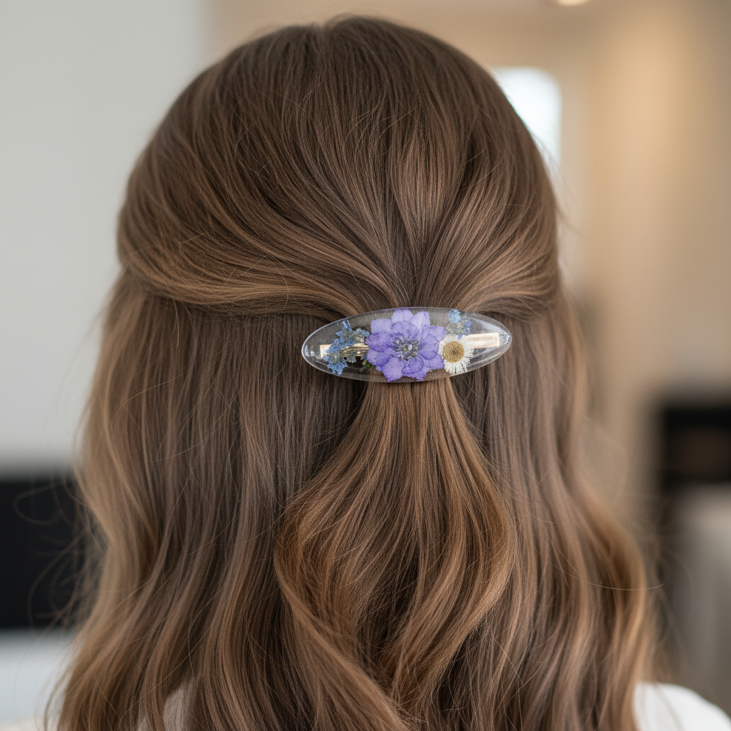 Purple Floral Hair Clip on Model