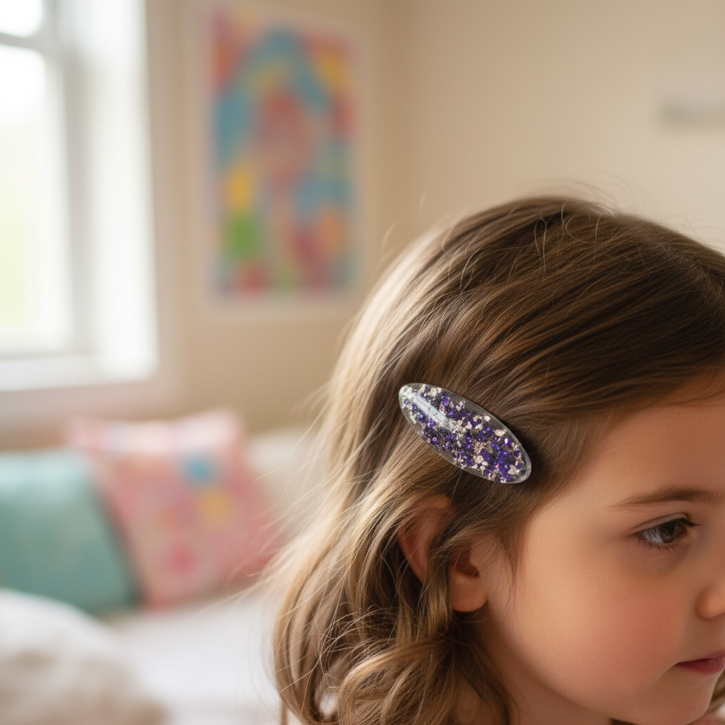 Purple Silver Clip in Child's Hair