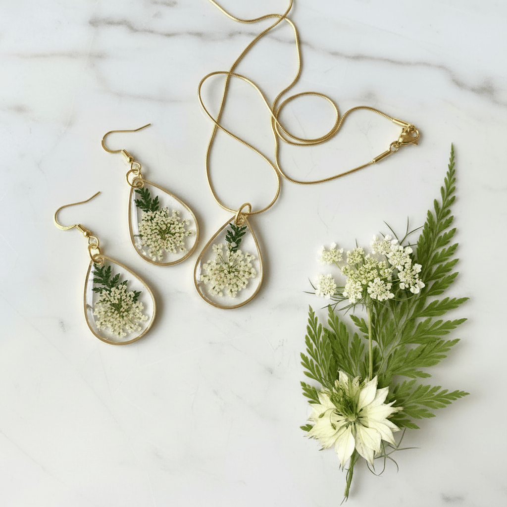 Queen Anne’s Lace Resin Jewelry Set – Handmade Necklace & Earrings - The Glossy Gift Shop