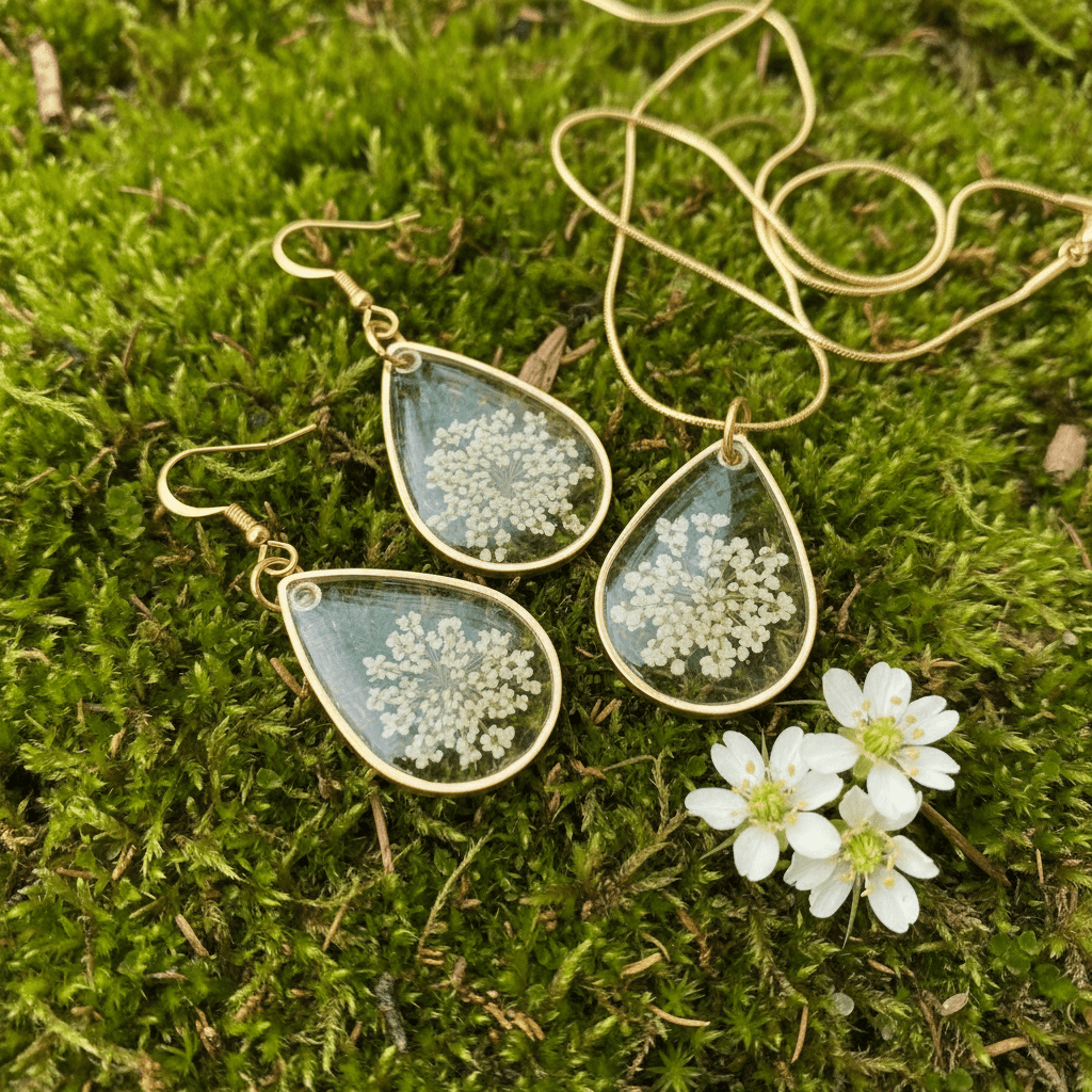 Queen Anne’s Lace Resin Jewelry Set – Handmade Necklace & Earrings - The Glossy Gift Shop