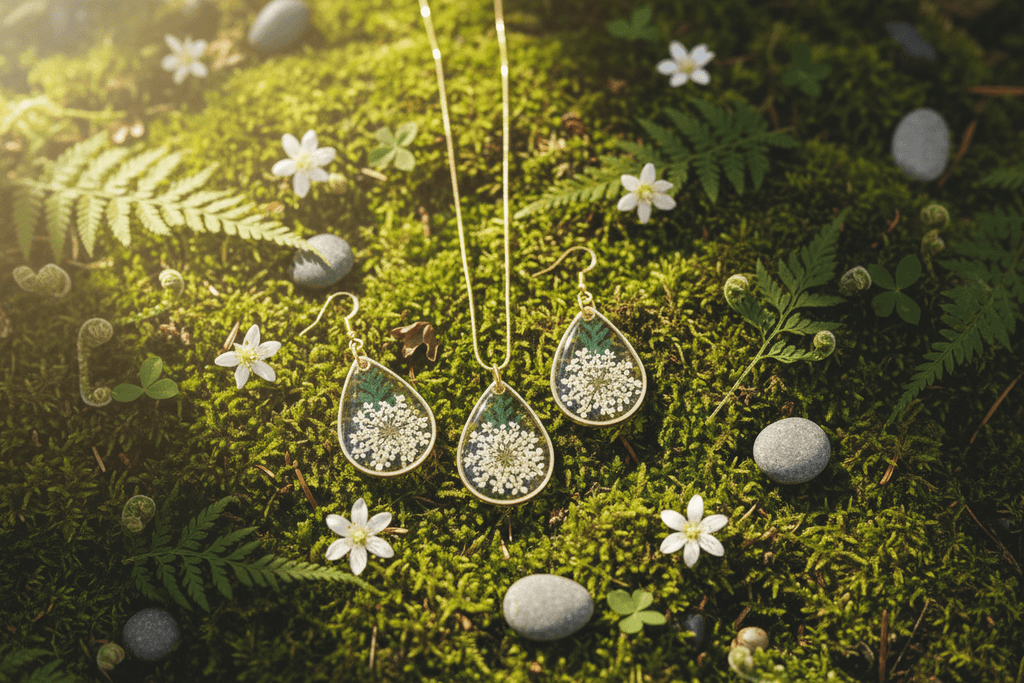 Queen Anne’s Lace Resin Jewelry Set – Handmade Necklace & Earrings - The Glossy Gift Shop