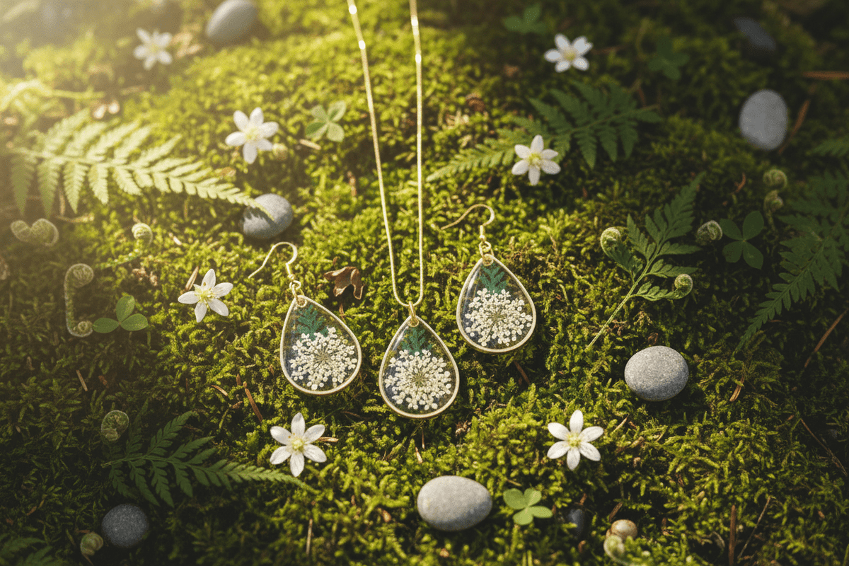 Queen Anne’s Lace Resin Jewelry Set – Handmade Necklace & Earrings - The Glossy Gift Shop