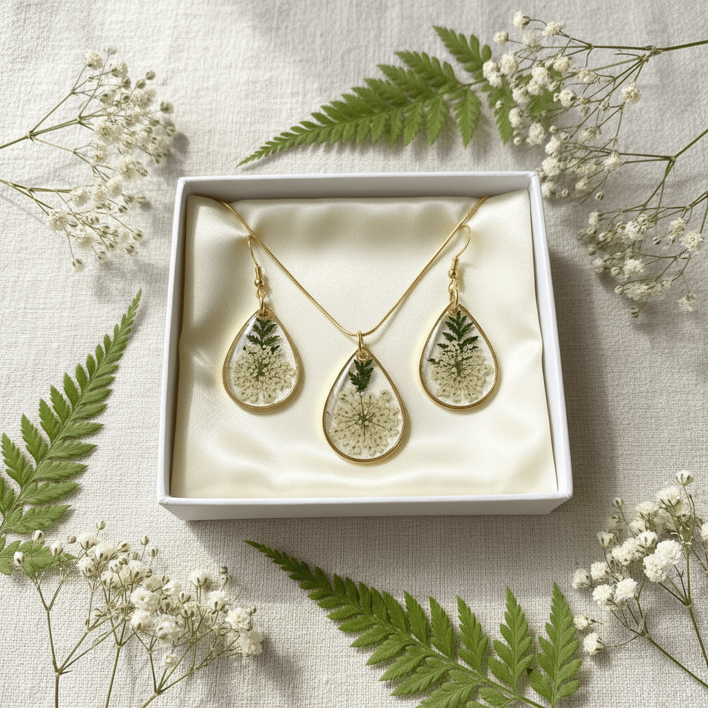 Queen Anne’s Lace Resin Jewelry Set – Handmade Necklace & Earrings - The Glossy Gift Shop