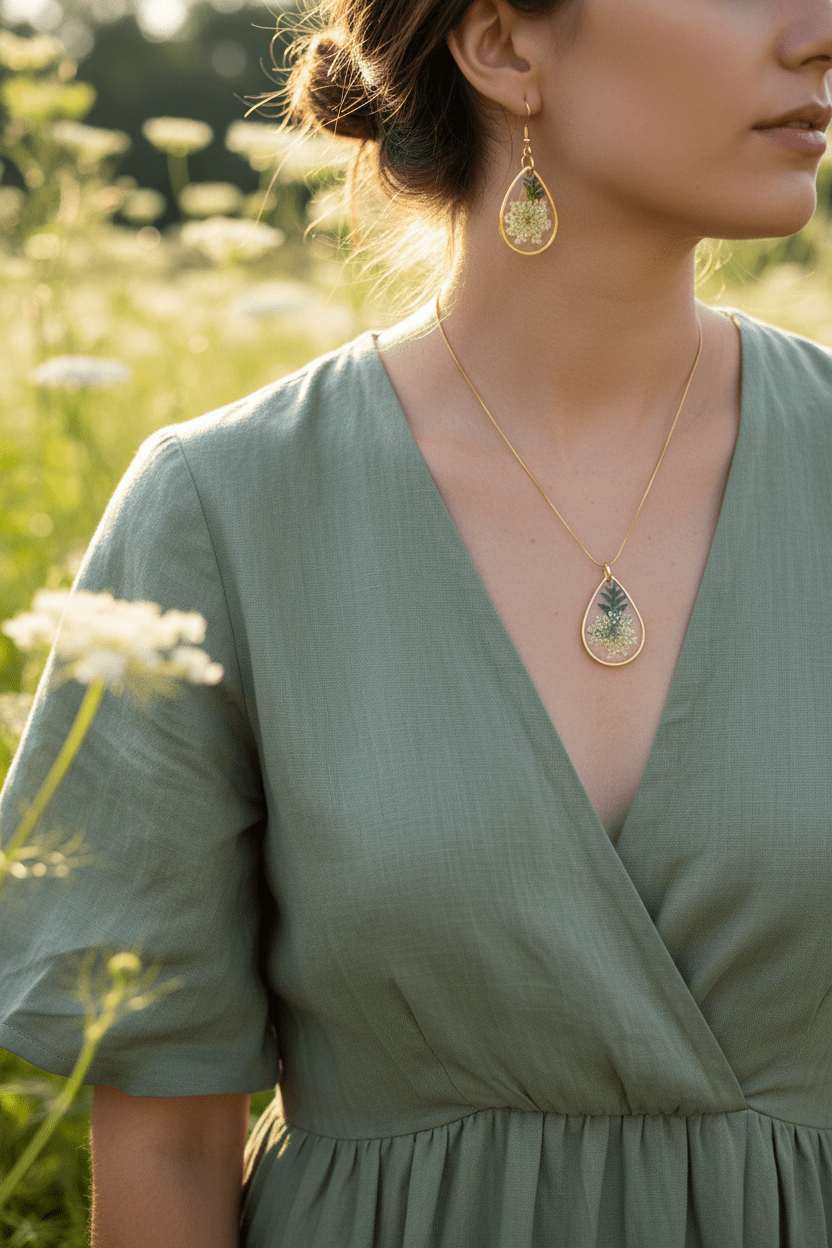 Queen Anne’s Lace Resin Jewelry Set – Handmade Necklace & Earrings - The Glossy Gift Shop