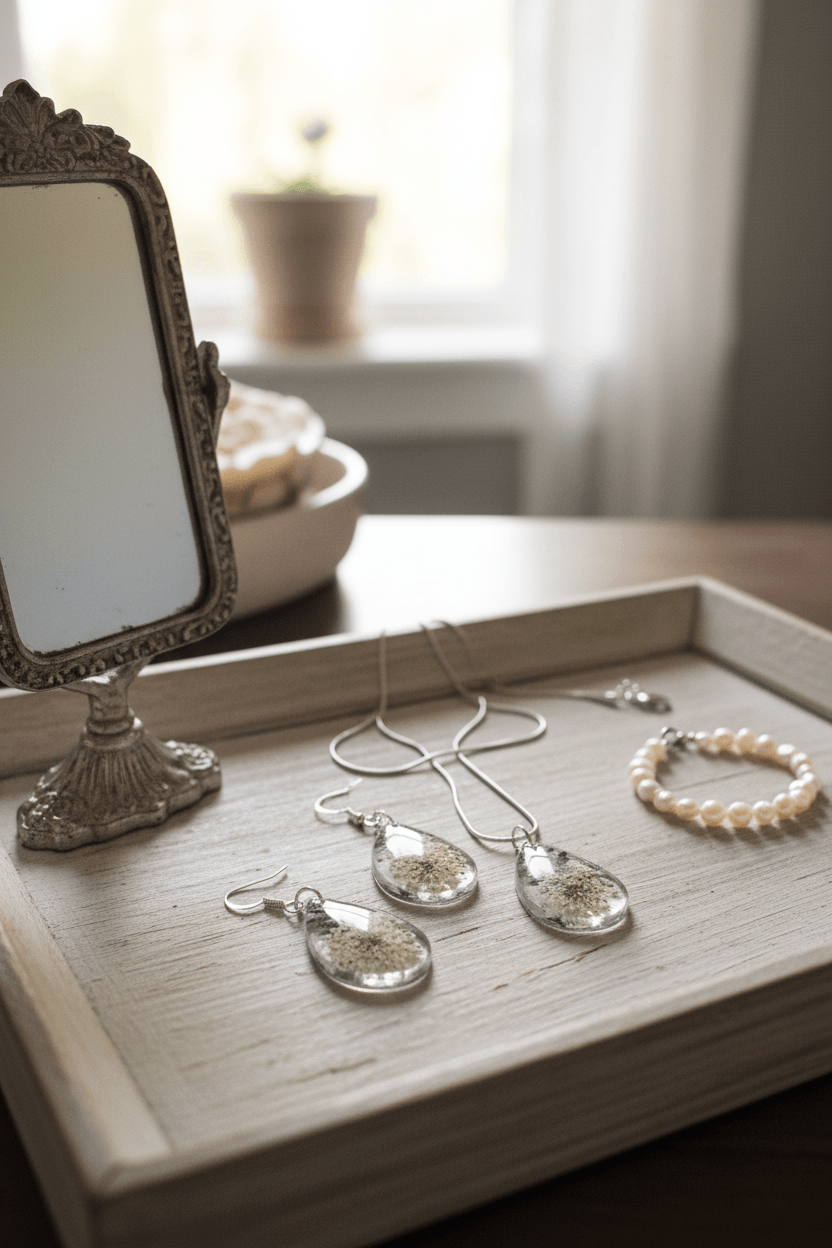 Queen Anne’s Lace Resin Jewelry Set – Silver Necklace & Earrings - The Glossy Gift Shop