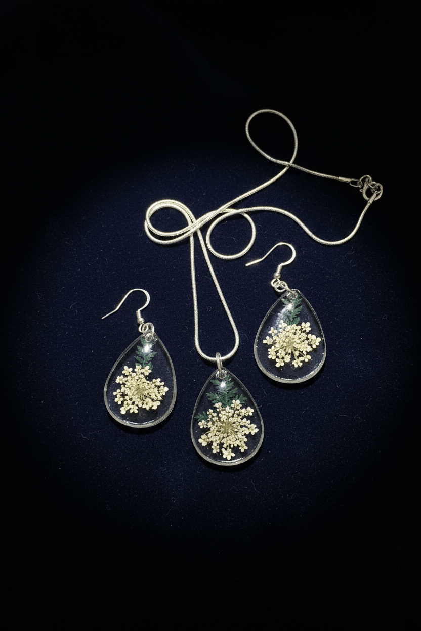 Queen Anne’s Lace Resin Jewelry Set – Silver Necklace & Earrings - The Glossy Gift Shop