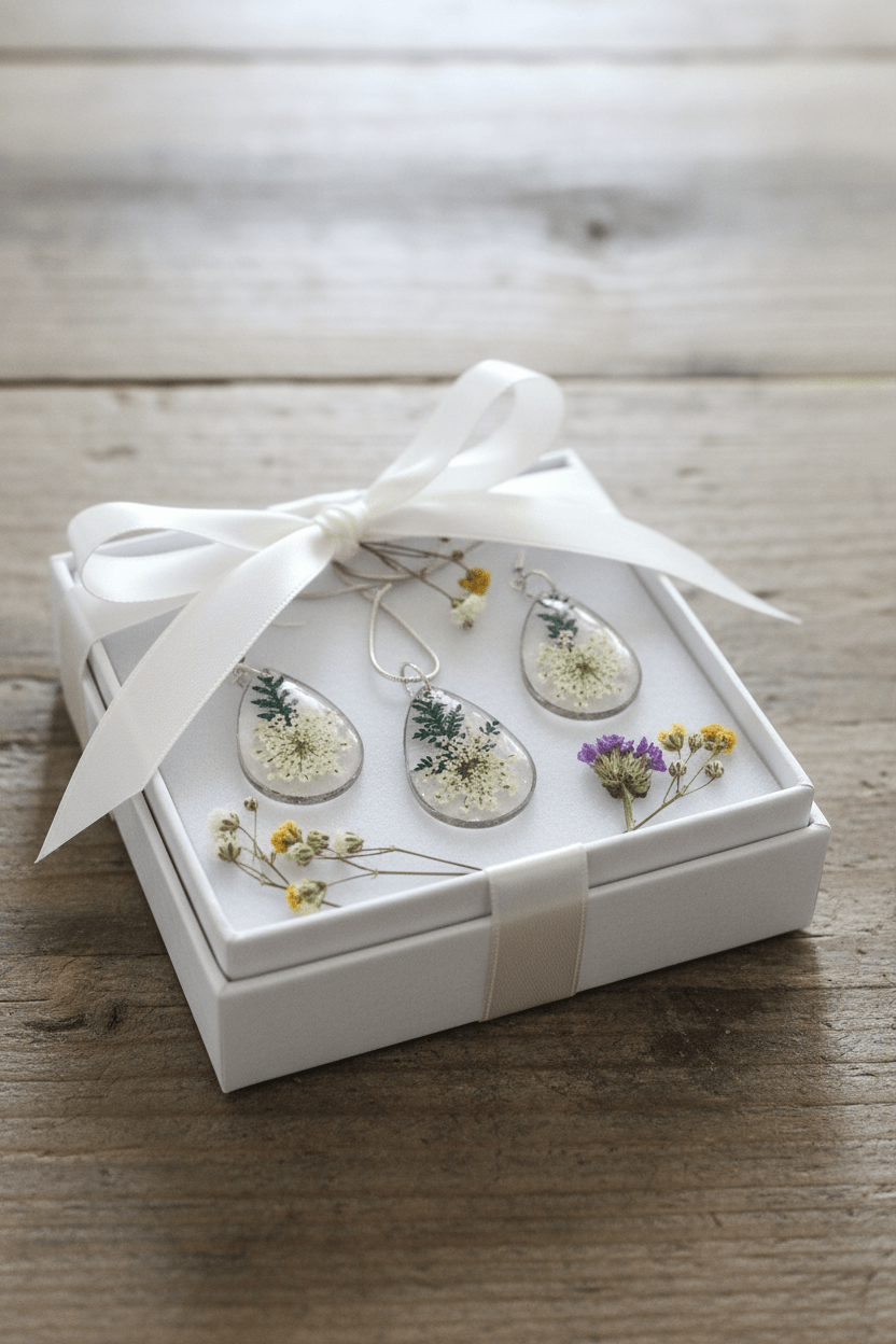 Queen Anne’s Lace Resin Jewelry Set – Silver Necklace & Earrings - The Glossy Gift Shop