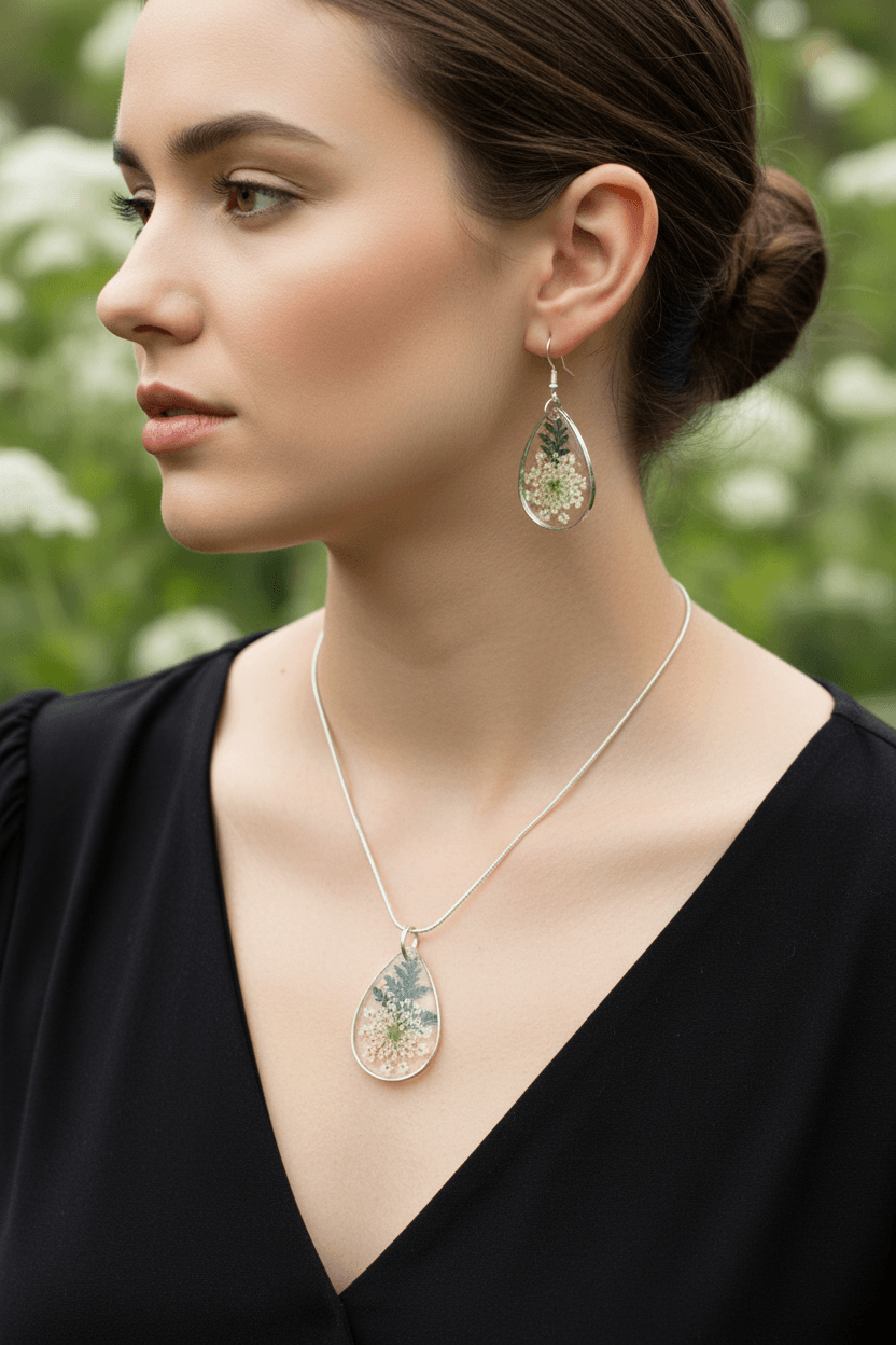 Queen Anne’s Lace Resin Jewelry Set – Silver Necklace & Earrings - The Glossy Gift Shop