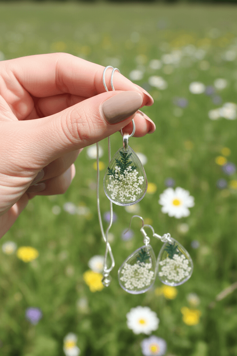 Queen Anne’s Lace Resin Jewelry Set – Silver Necklace & Earrings - The Glossy Gift Shop