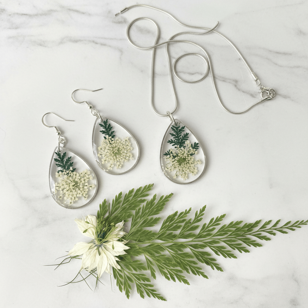 Queen Anne’s Lace Resin Jewelry Set – Silver Necklace & Earrings - The Glossy Gift Shop