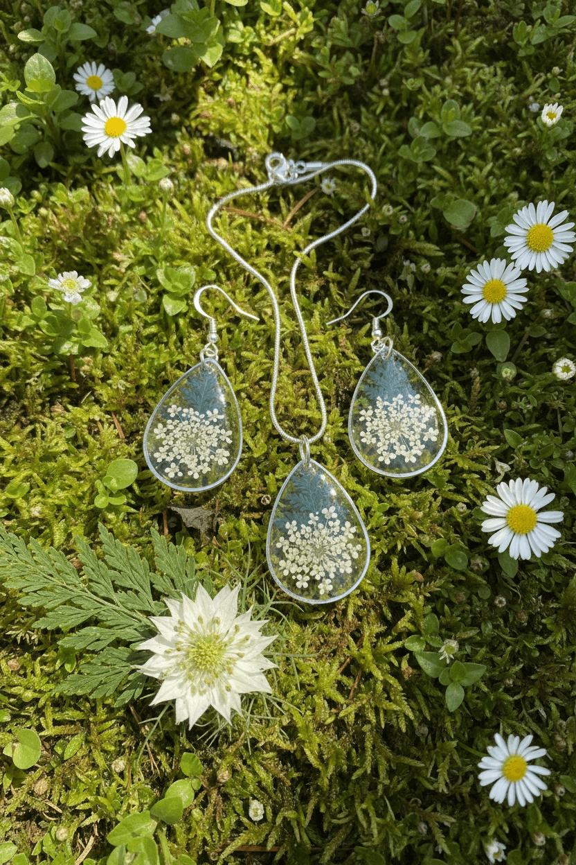 Queen Anne’s Lace Resin Jewelry Set – Silver Necklace & Earrings - The Glossy Gift Shop