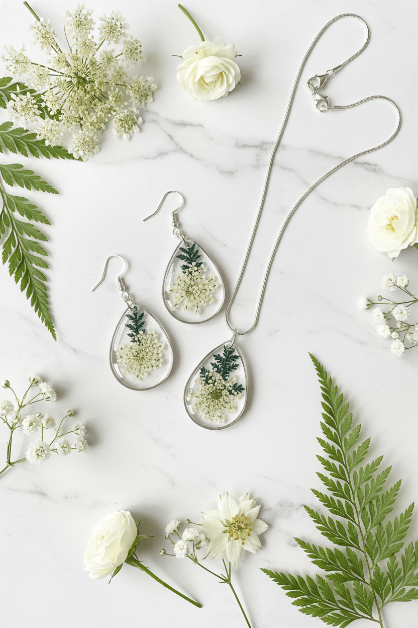 Queen Anne’s Lace Resin Jewelry Set – Silver Necklace & Earrings - The Glossy Gift Shop