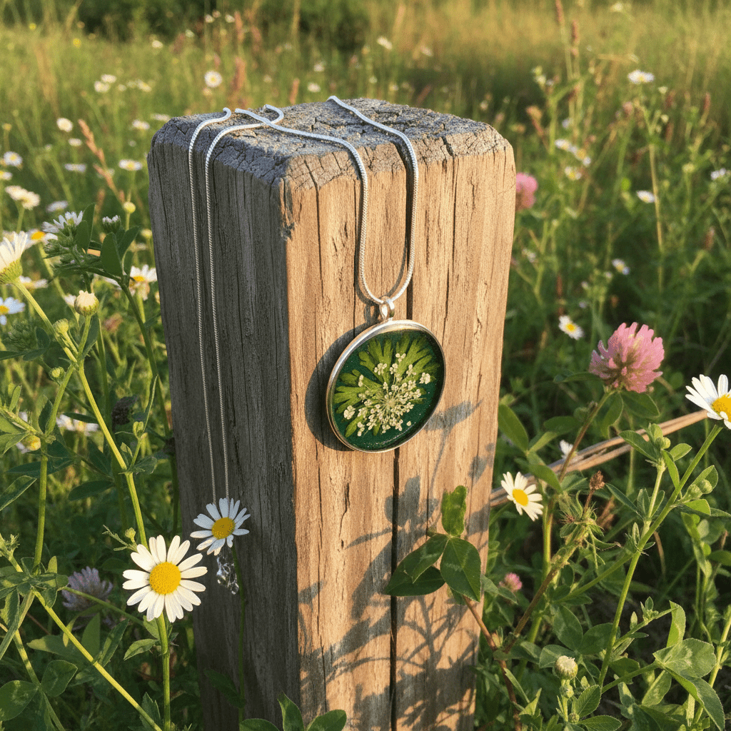 Queen Anne’s Lace Resin Pendant Necklace – Pressed Flower Jewelry - The Glossy Gift Shop