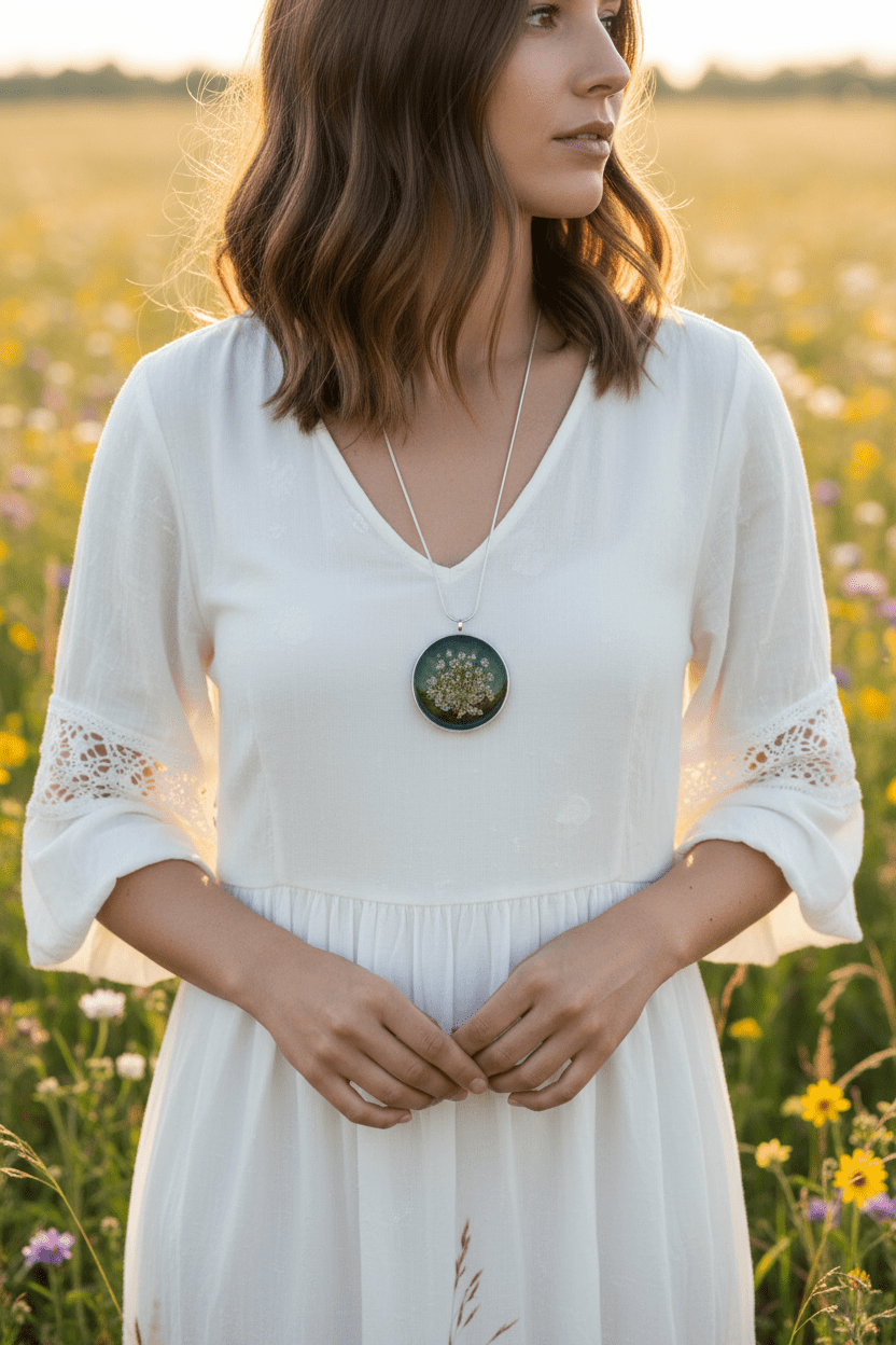 Queen Anne’s Lace Resin Pendant Necklace – Pressed Flower Jewelry - The Glossy Gift Shop