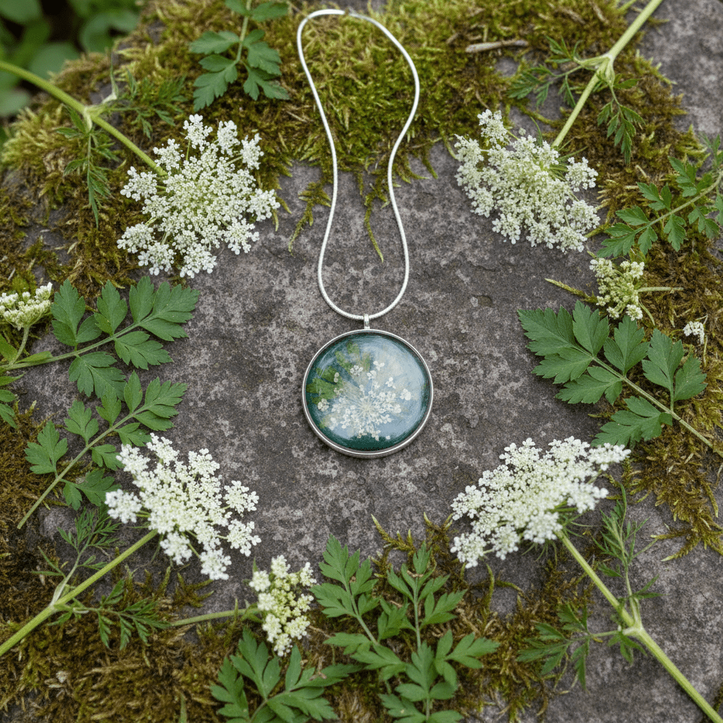 Queen Anne’s Lace Resin Pendant Necklace – Pressed Flower Jewelry - The Glossy Gift Shop