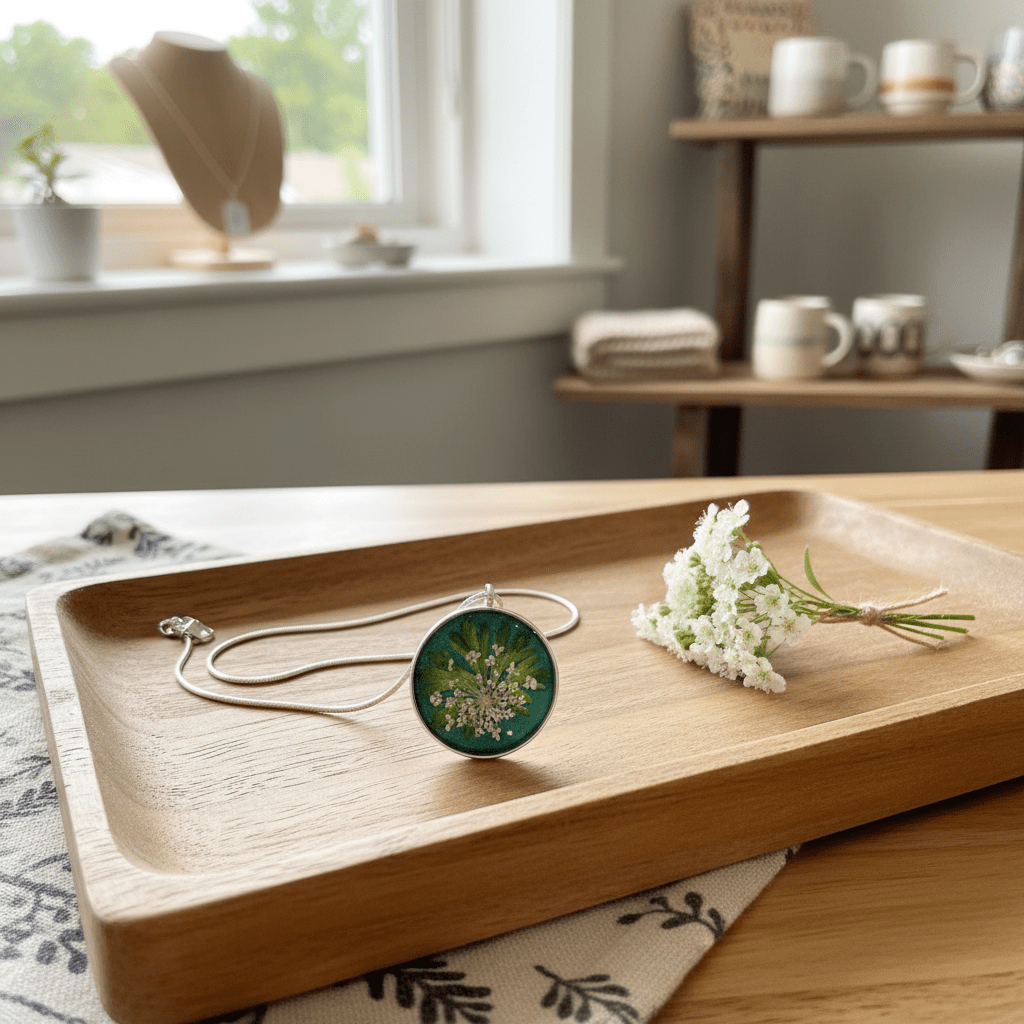 Queen Anne’s Lace Resin Pendant Necklace – Pressed Flower Jewelry - The Glossy Gift Shop