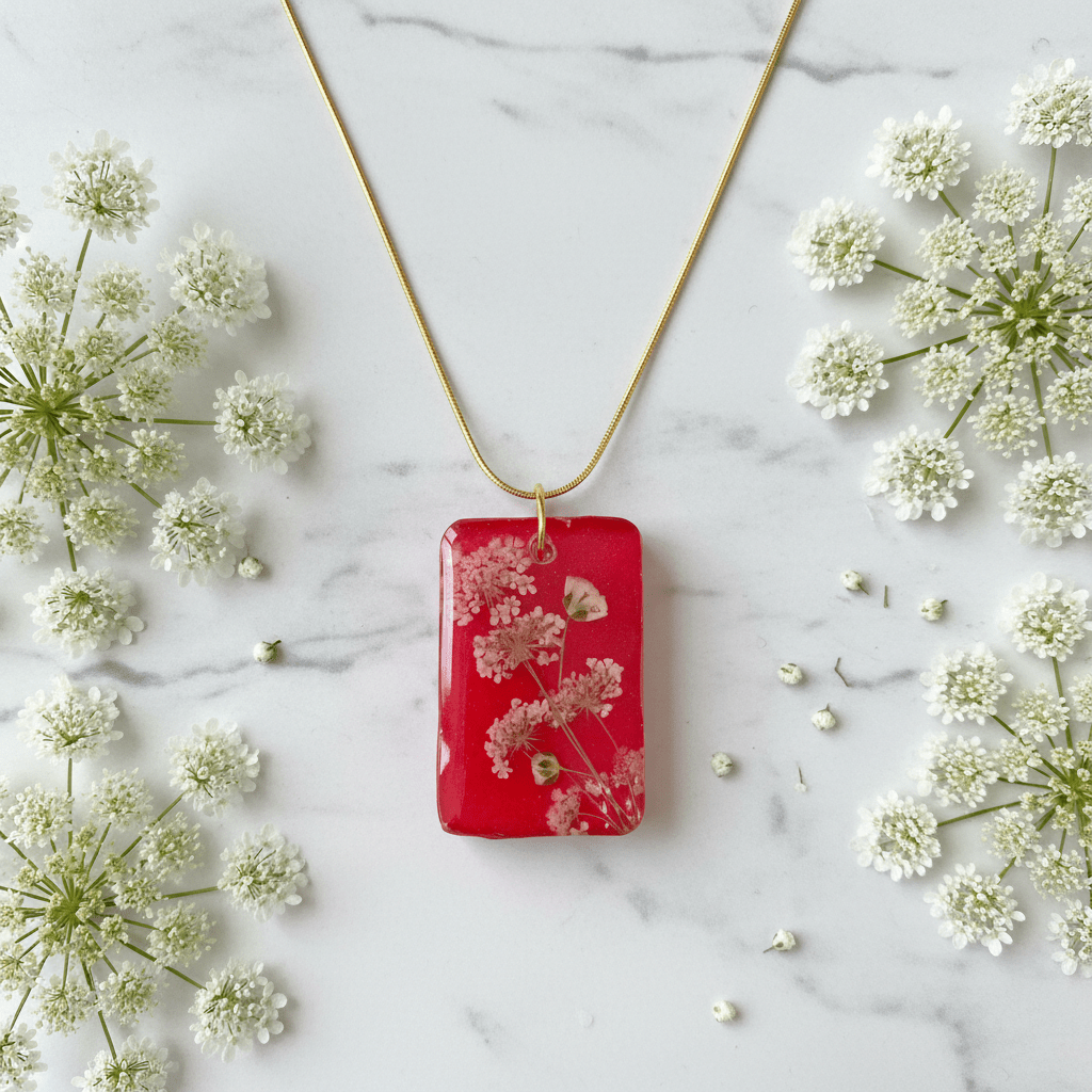 Red Floral Resin Necklace – Queen Anne’s Lace & Baby’s Breath - The Glossy Gift Shop