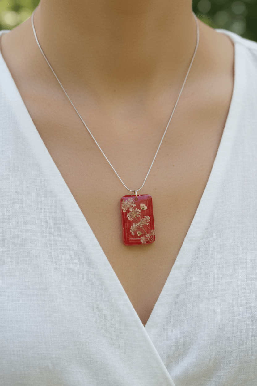 Red Floral Resin Necklace – Queen Anne’s Lace & Baby’s Breath - The Glossy Gift Shop
