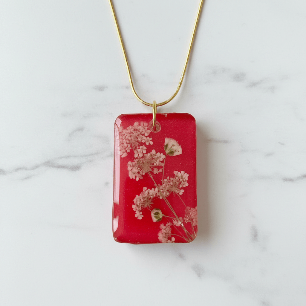 Red Floral Resin Necklace – Queen Anne’s Lace & Baby’s Breath - The Glossy Gift Shop
