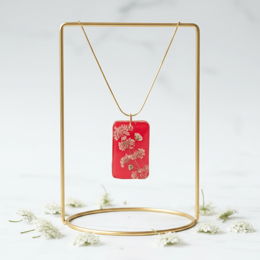 Red Floral Resin Necklace – Queen Anne’s Lace & Baby’s Breath - The Glossy Gift Shop