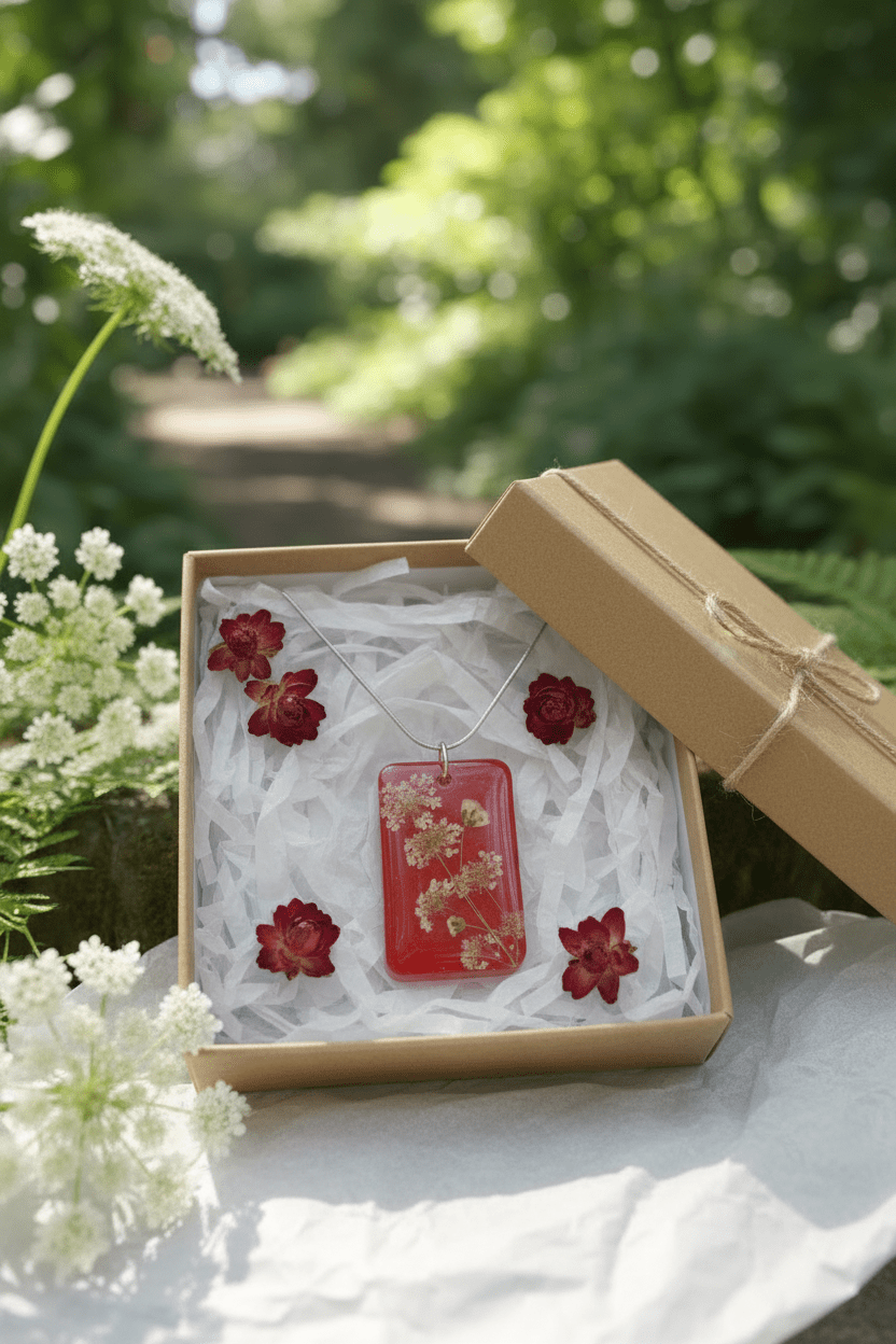 Red Floral Resin Necklace – Queen Anne’s Lace & Baby’s Breath - The Glossy Gift Shop