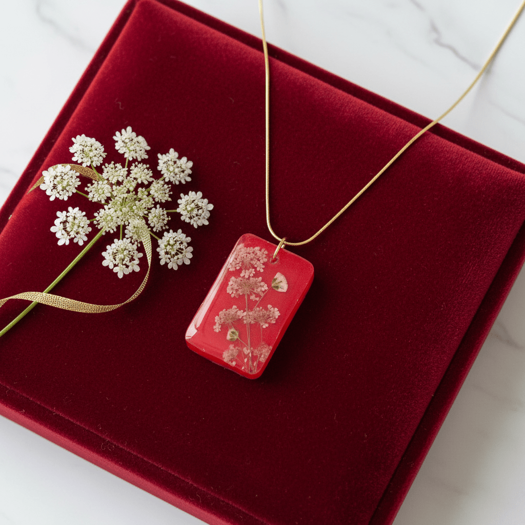 Red Floral Resin Necklace – Queen Anne’s Lace & Baby’s Breath - The Glossy Gift Shop