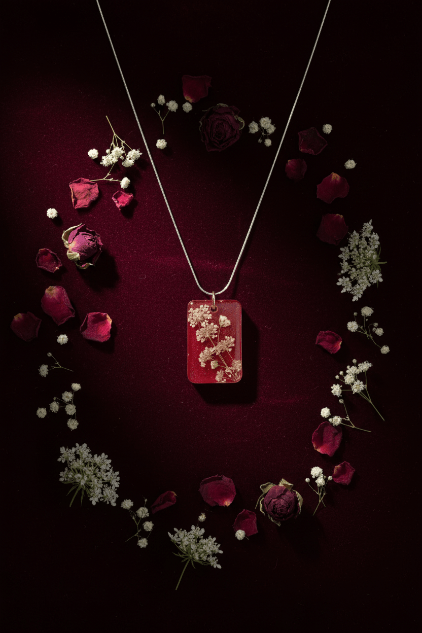 Red Floral Resin Necklace – Queen Anne’s Lace & Baby’s Breath - The Glossy Gift Shop