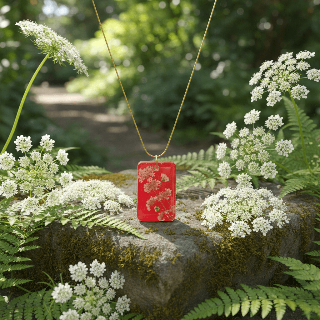 Red Floral Resin Necklace – Queen Anne’s Lace & Baby’s Breath - The Glossy Gift Shop