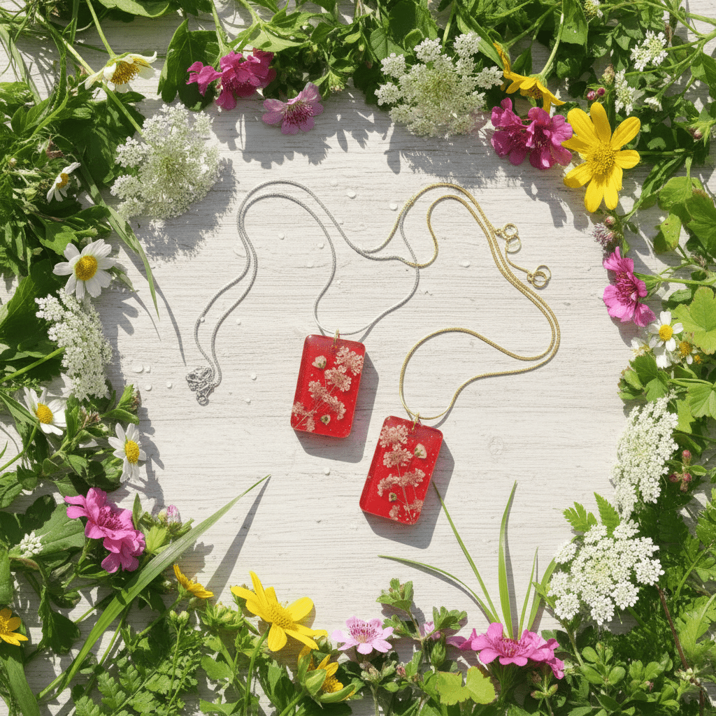 Red Floral Resin Necklace – Queen Anne’s Lace & Baby’s Breath - The Glossy Gift Shop
