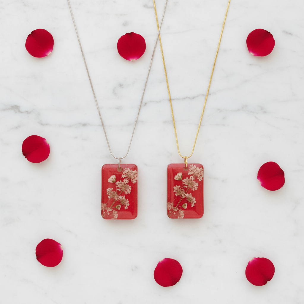 Red Floral Resin Pendant Necklace – Queen Anne's Lace & Baby's Breath - The Glossy Gift Shop