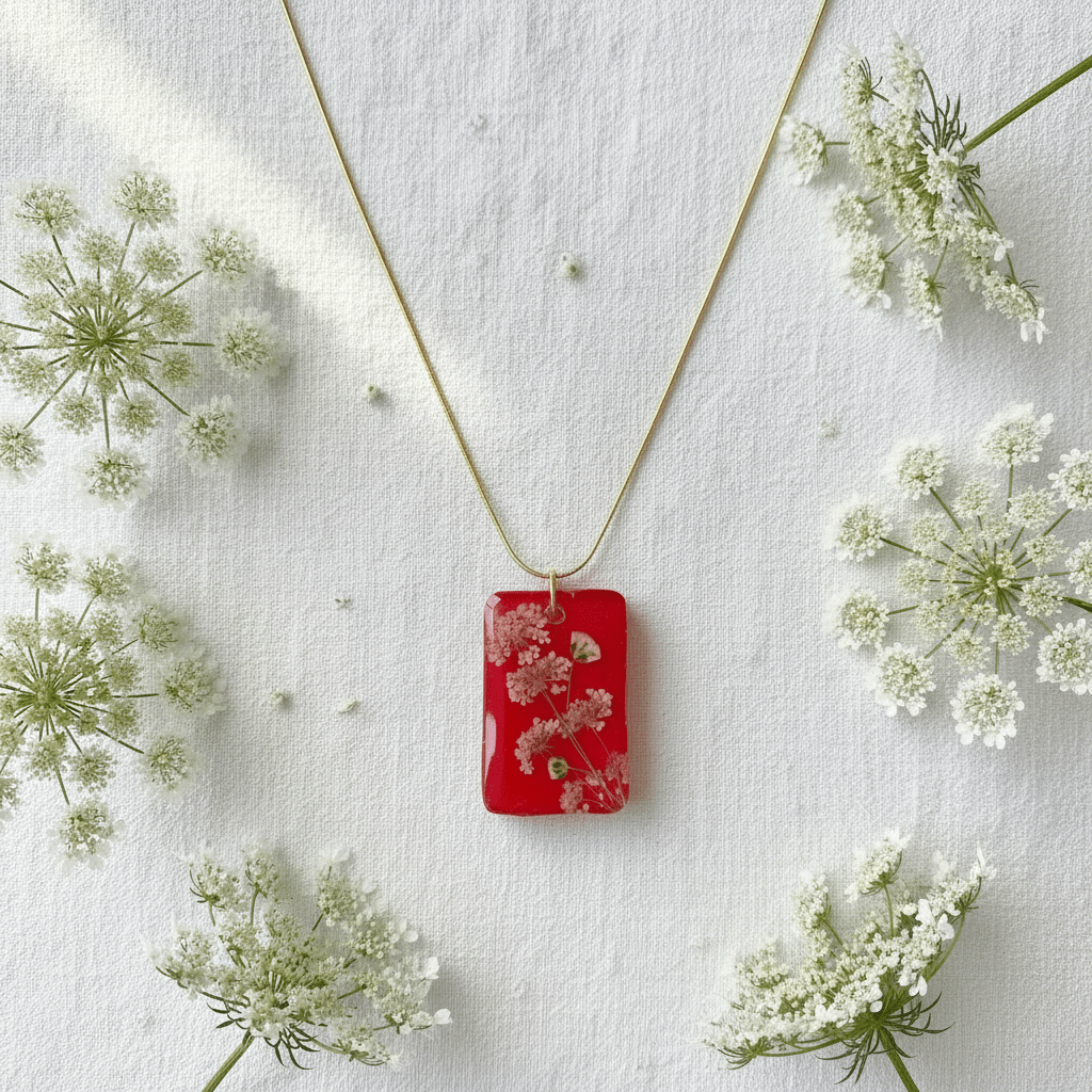 Red Floral Resin Pendant Necklace – Queen Anne's Lace & Baby's Breath - The Glossy Gift Shop