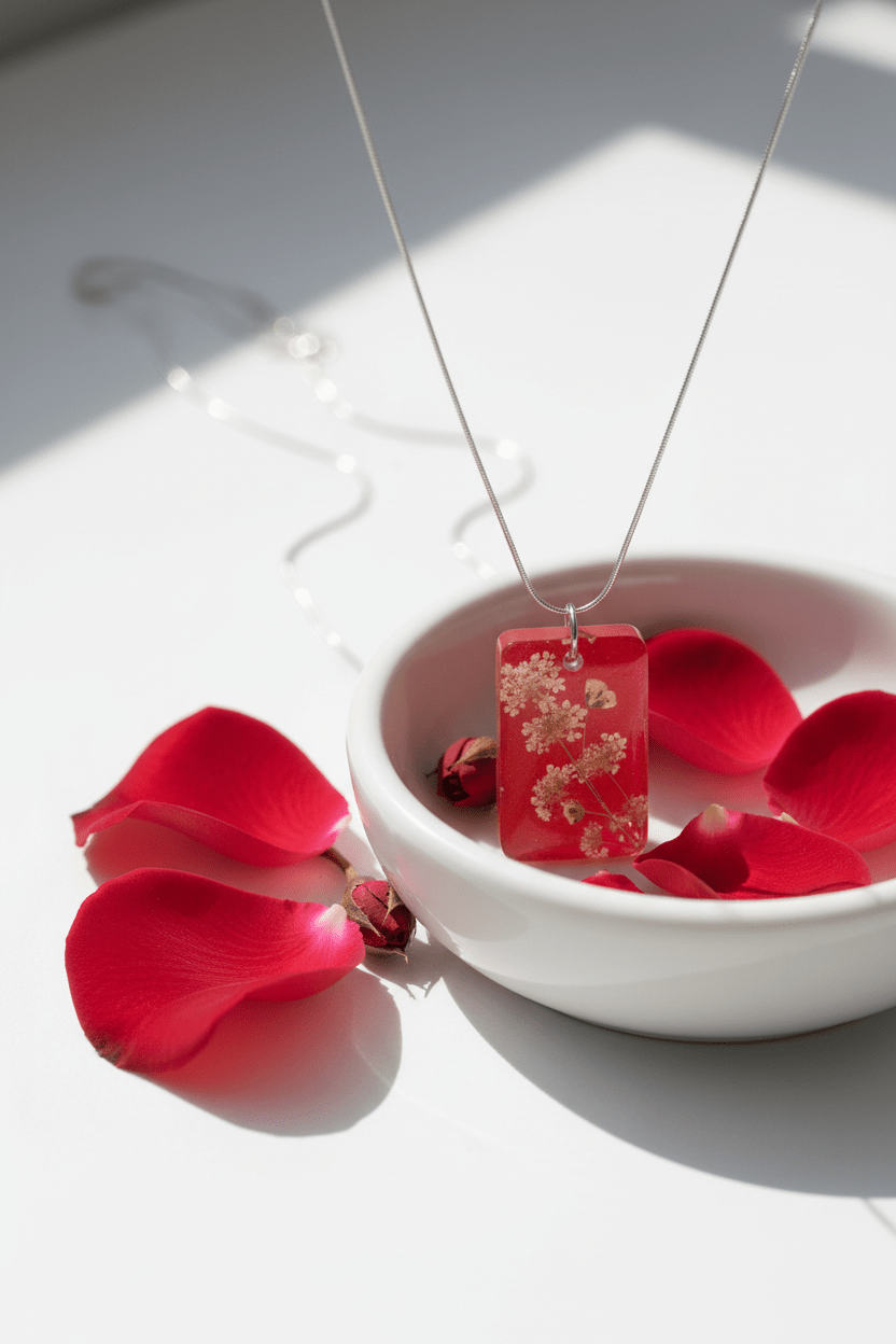 Red Floral Resin Pendant Necklace – Queen Anne's Lace & Baby's Breath - The Glossy Gift Shop