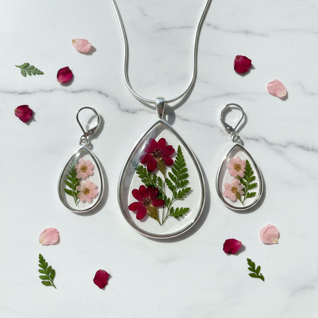Red Floral Teardrop Pendant Earring Set