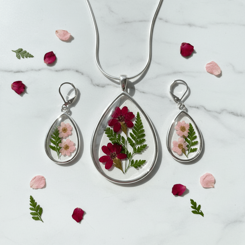 Red & Pink Floral Resin Jewelry Set – Teardrop Necklace & Earrings - The Glossy Gift Shop