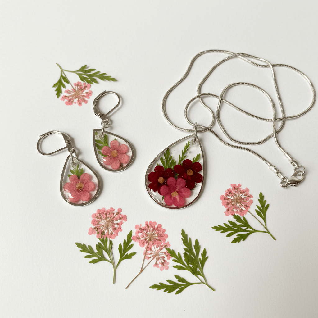 Red & Pink Floral Resin Jewelry Set – Teardrop Necklace & Earrings - The Glossy Gift Shop