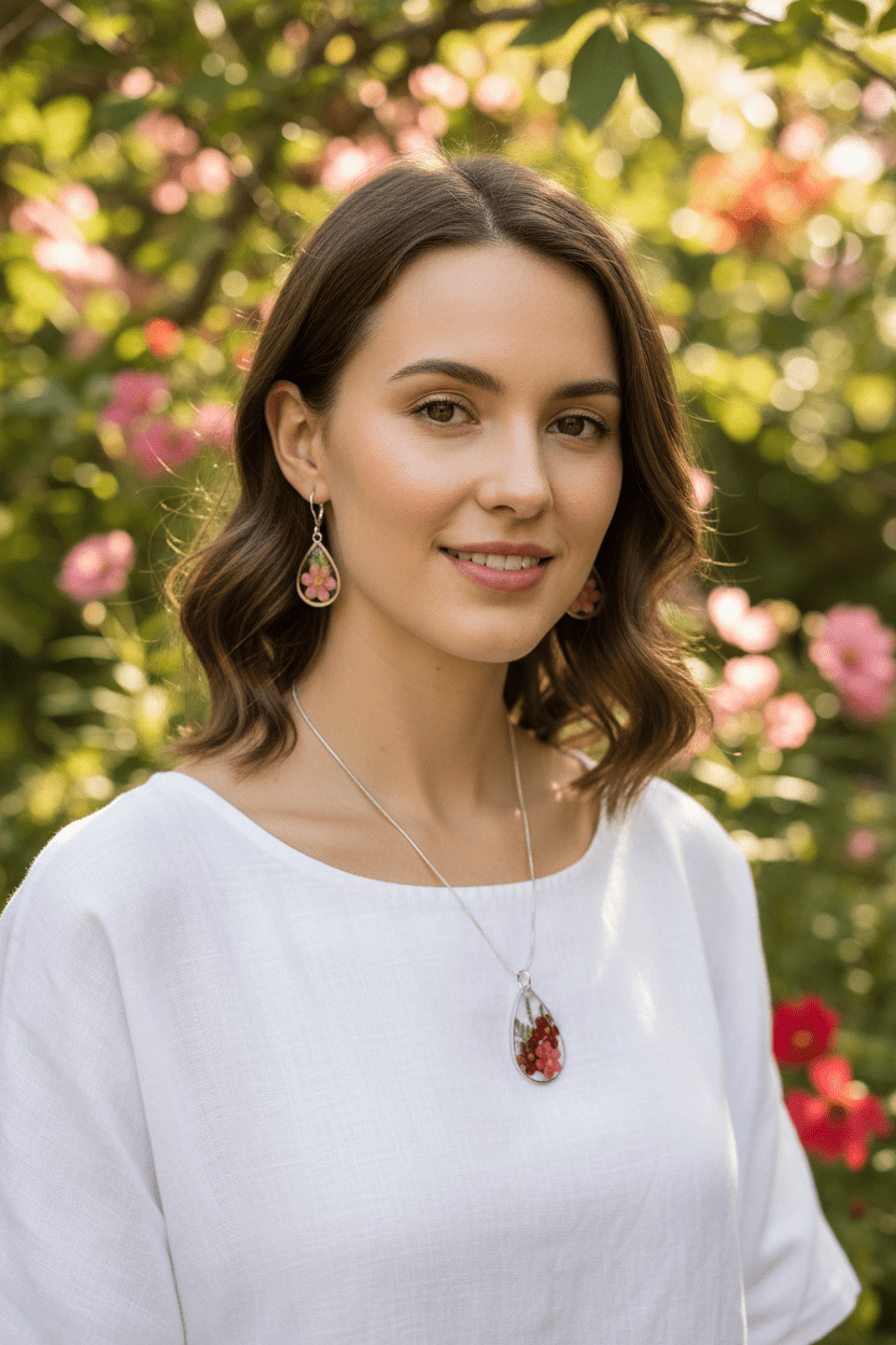 Red & Pink Floral Resin Jewelry Set – Teardrop Necklace & Earrings - The Glossy Gift Shop