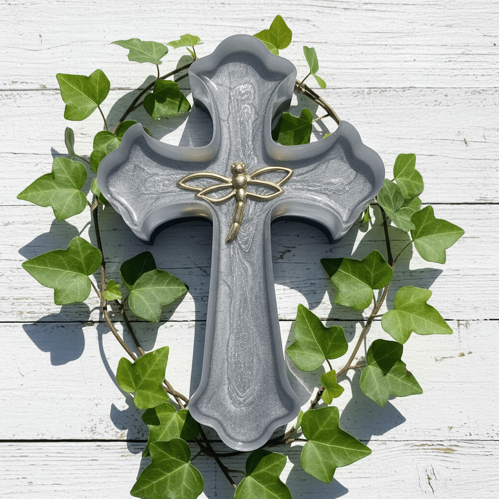 Silver Shimmer Resin Wall Cross – Gold Dragonfly Faith Decor - The Glossy Gift Shop