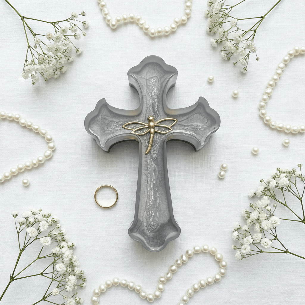 Silver Shimmer Resin Wall Cross – Gold Dragonfly Faith Decor - The Glossy Gift Shop