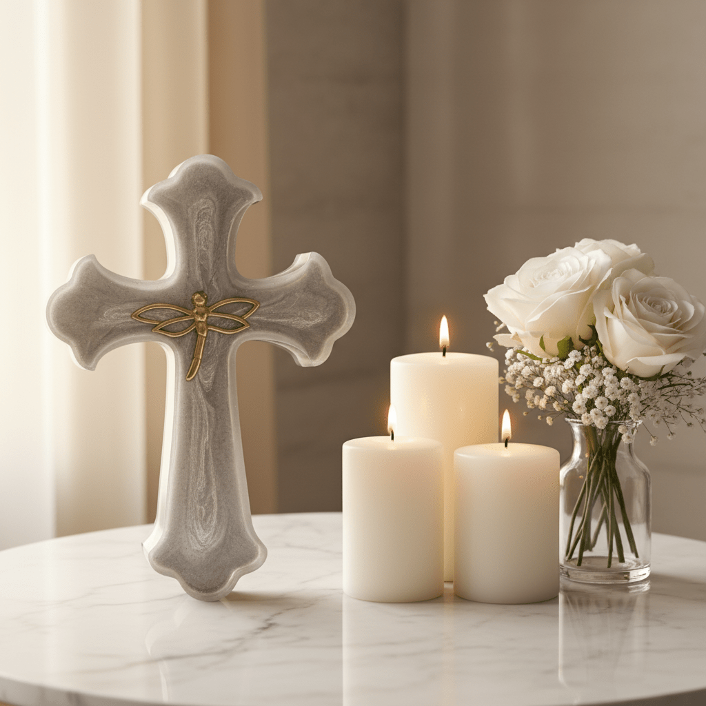 Silver Shimmer Resin Wall Cross – Gold Dragonfly Faith Decor - The Glossy Gift Shop
