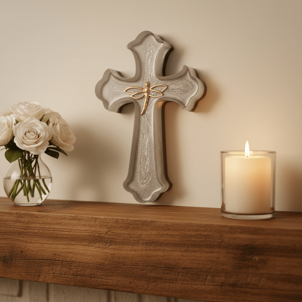Silver Shimmer Resin Wall Cross – Gold Dragonfly Faith Decor - The Glossy Gift Shop