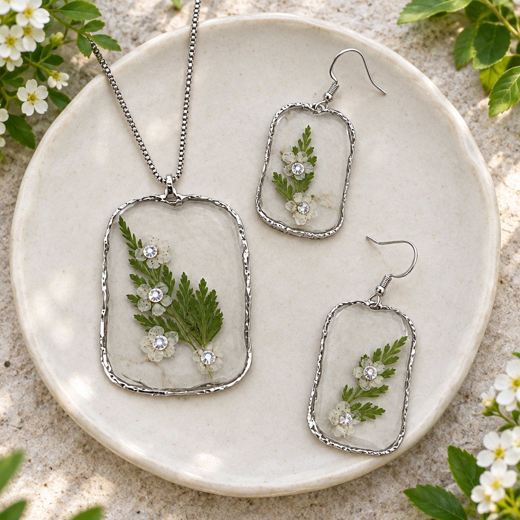 Silver-tone set on a ceramic jewelry holder outdoors