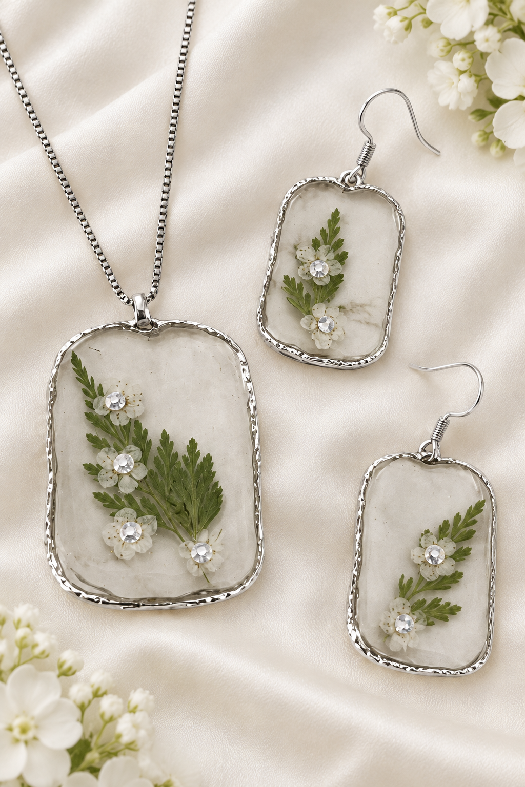 Silver-tone set on bridal silk