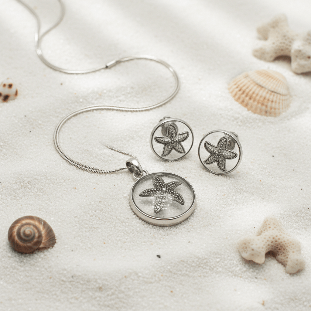 Starfish Resin Jewelry Set – Coastal Pendant Necklace & Earrings - The Glossy Gift Shop