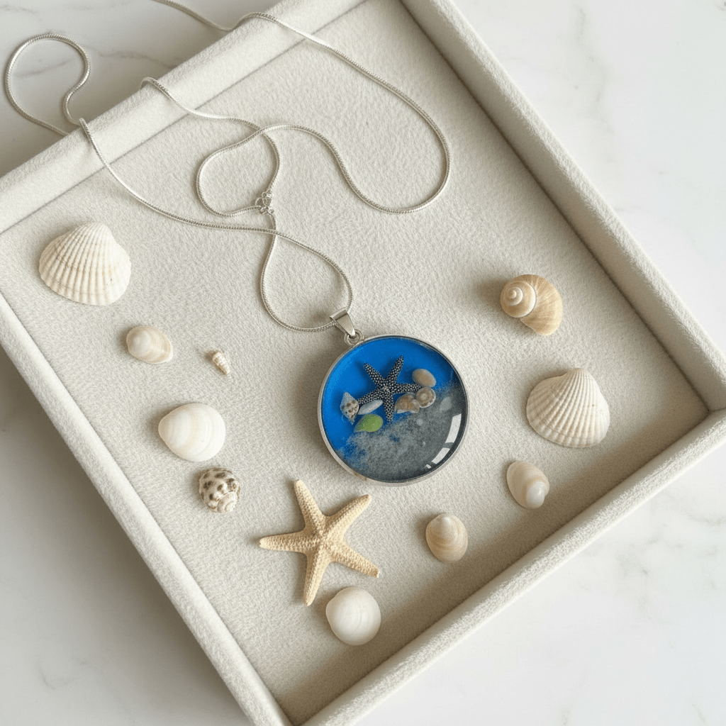 Starfish & Seashell Resin Necklace – Coastal Round Pendant - The Glossy Gift Shop