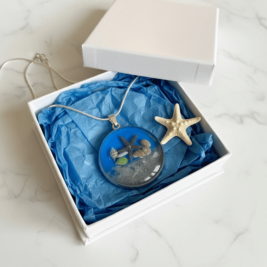 Starfish & Seashell Resin Necklace – Coastal Round Pendant - The Glossy Gift Shop