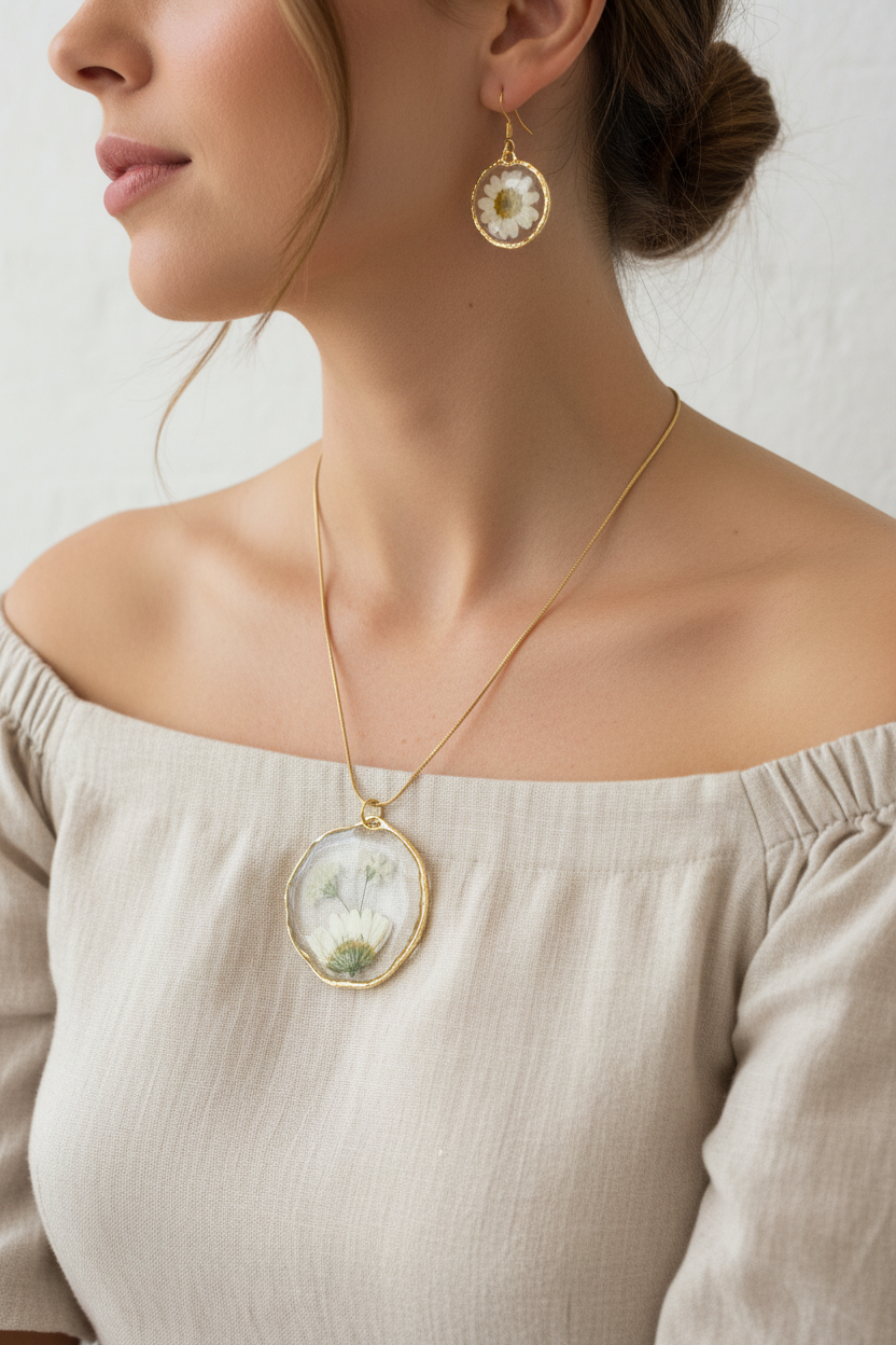 Sweet Daisy Pendant and Earring Set on Model