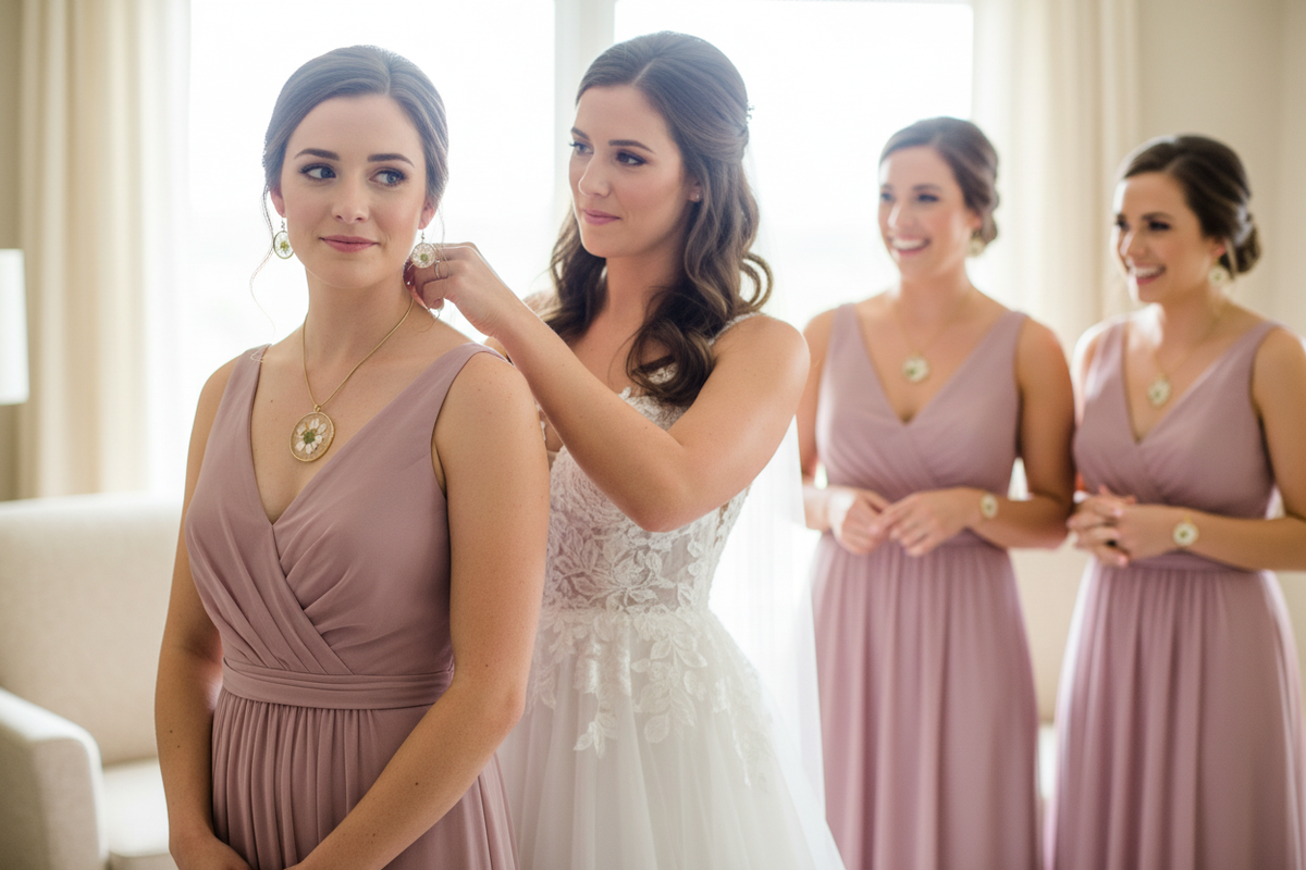Sweet Daisy Set – Bride Clasping Necklace on Maid of Honor