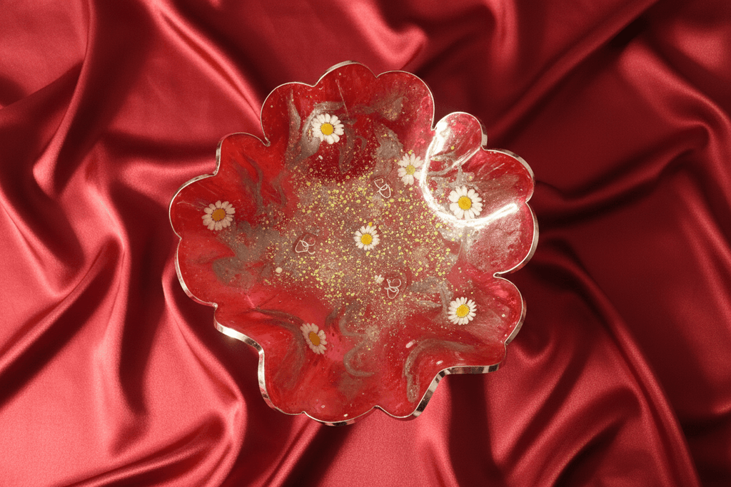 Valentine’s Day Daisy Resin Bowl – Red, White & Silver Decor - The Glossy Gift Shop